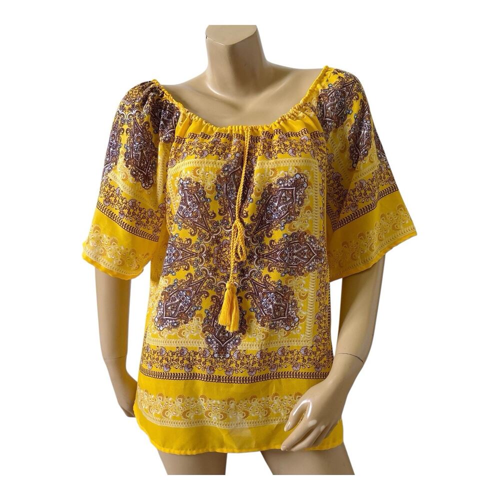 Unique Spectrum Peasant Blouse Womens Large Yellow Sheer Paisley Tassel Boho Top